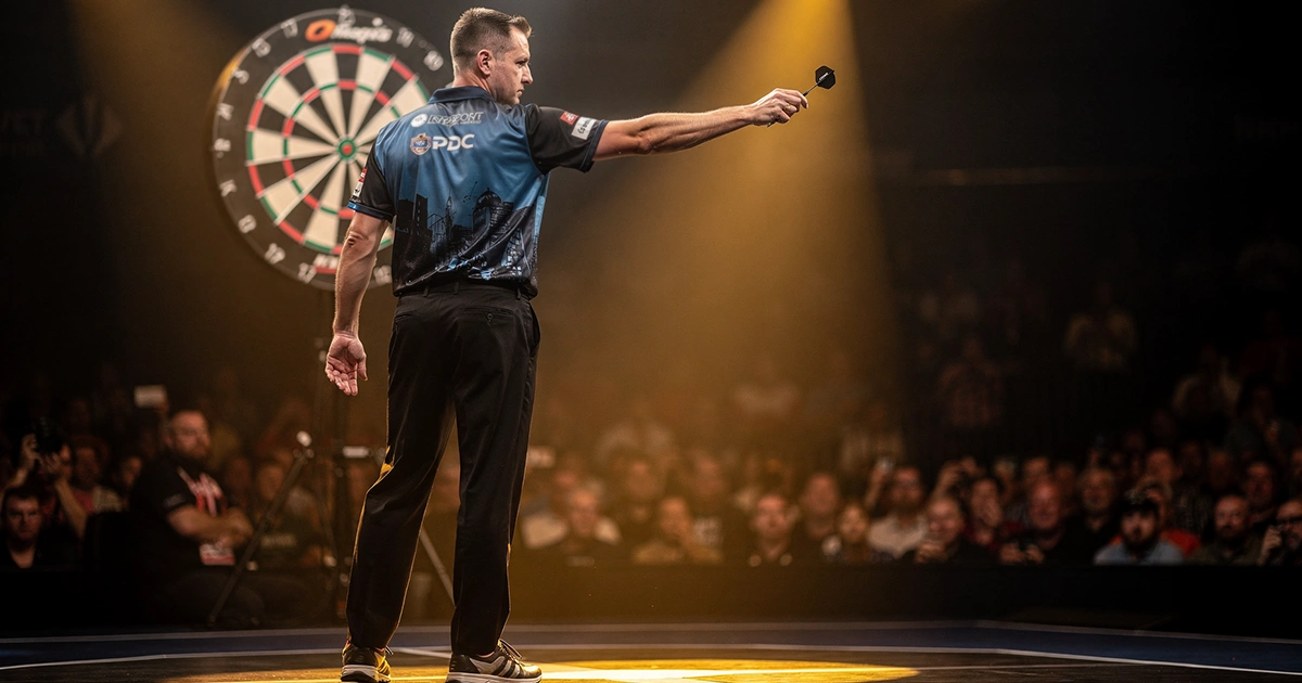 Darts speler gooit pijl op professioneel podium met spotlichten