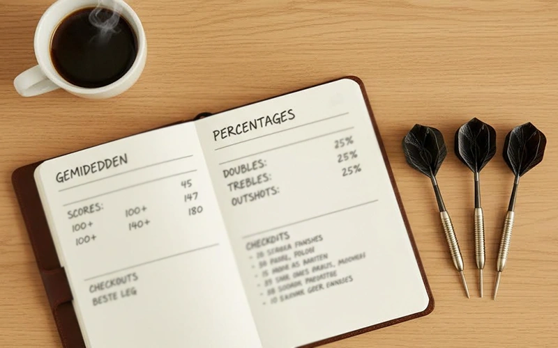Notitieboek met darts statistieken en een dartpijl op tafel
