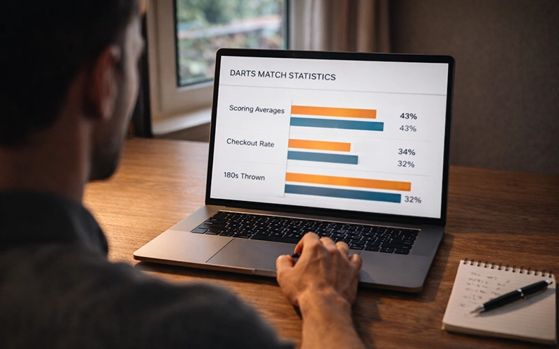 Persoon analyseert darts wedstrijdstatistieken op een laptop