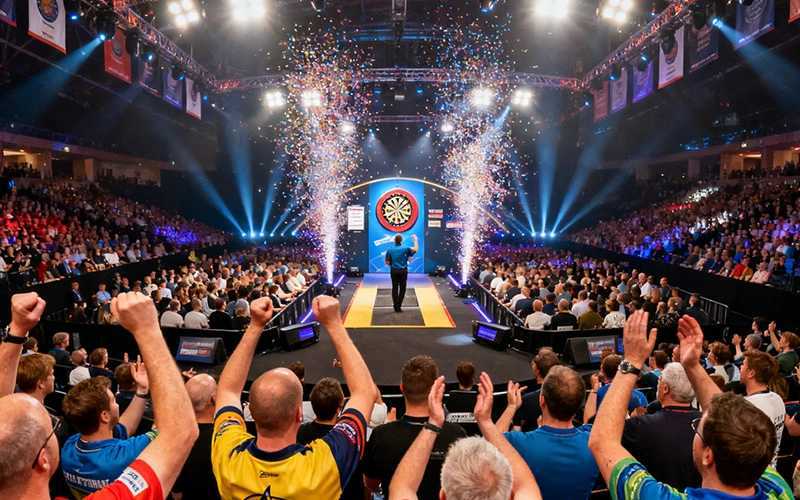 Uitverkochte arena tijdens een groot PDC darts toernooi